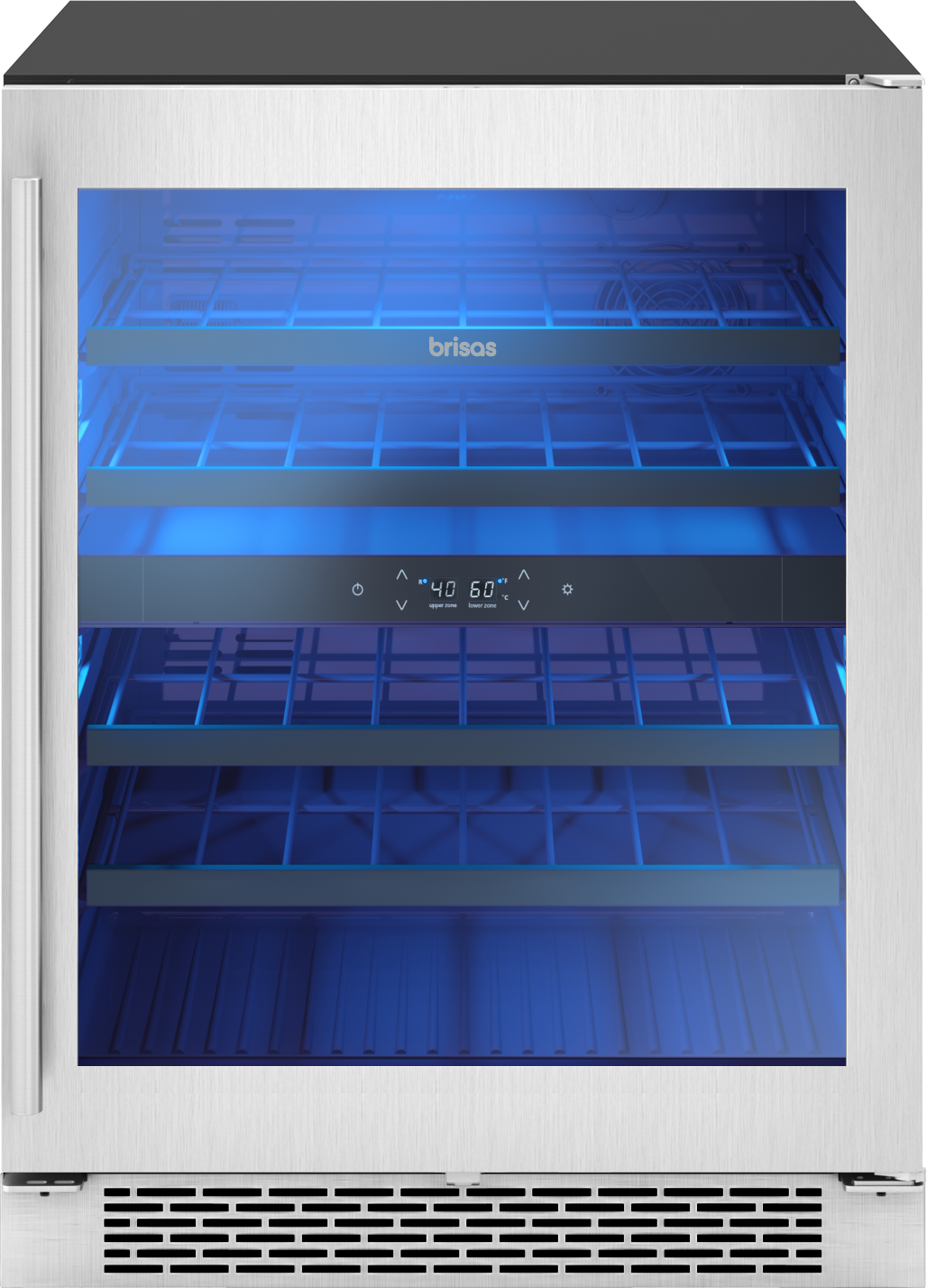 Undercounter dual zone wine cooler with stainless steel and glass door, blue LED lighting, digital temperature display, and empty racks for beverage centers and kitchen appliances.