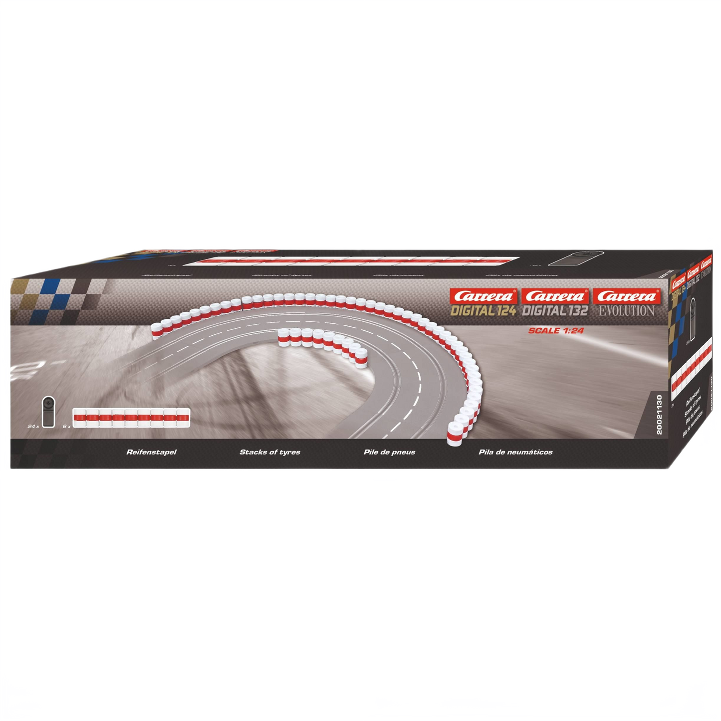 Stacked white and red tire barriers for race track setup in tools and home improvement projects