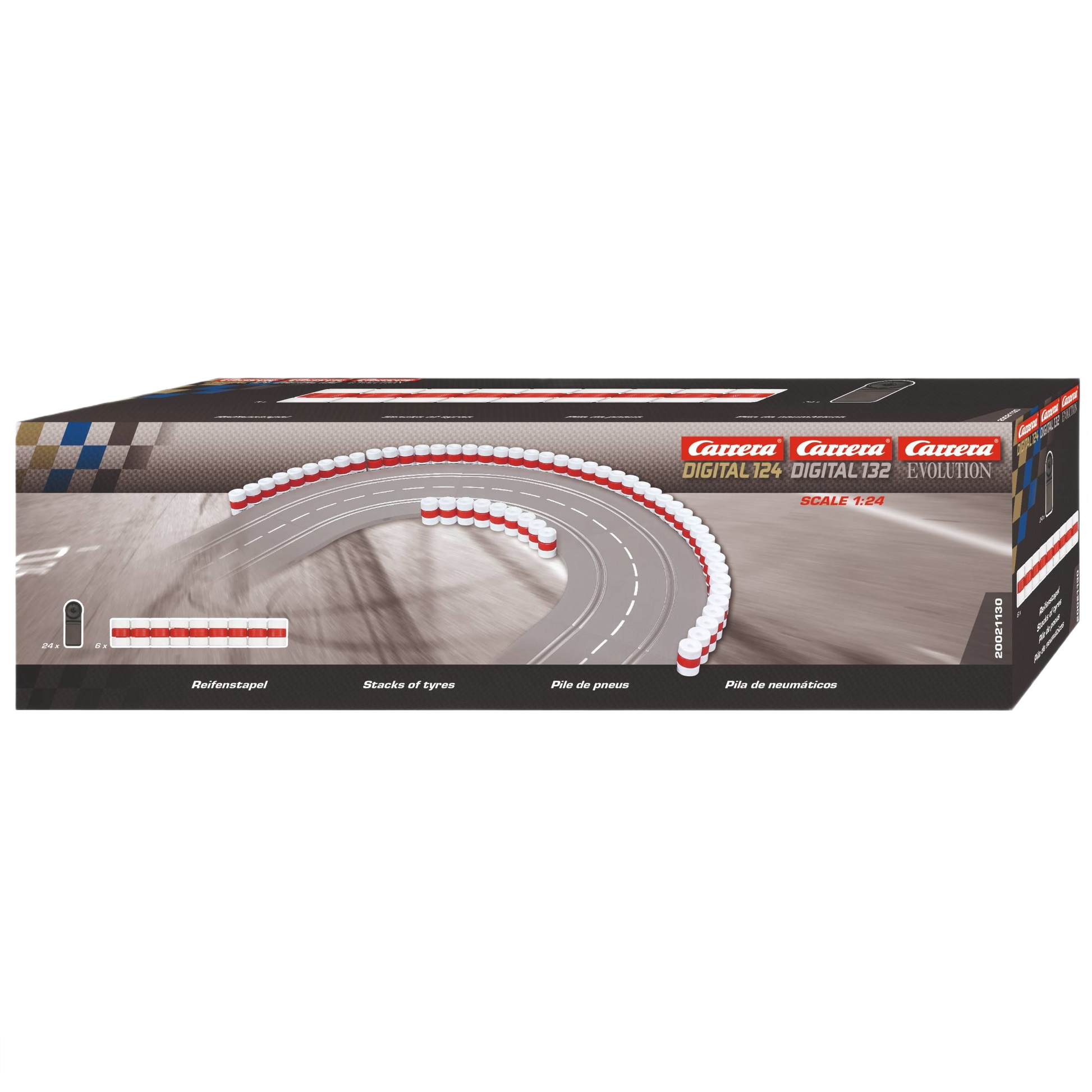 Stacked white and red tire barriers for race track setup in tools and home improvement projects