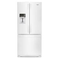 White 30-inch wide Whirlpool French door refrigerator with bottom freezer and built-in water dispenser from kitchen appliances collection