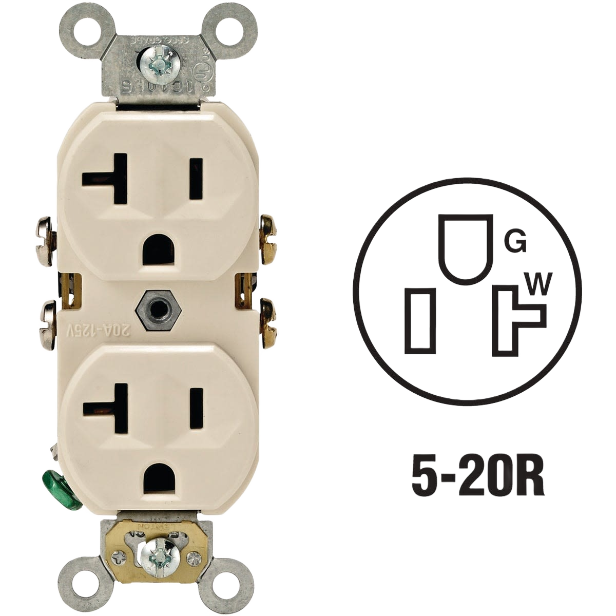 Light almond commercial grade shallow duplex electrical outlet with two 20A grounding receptacles for home improvement use