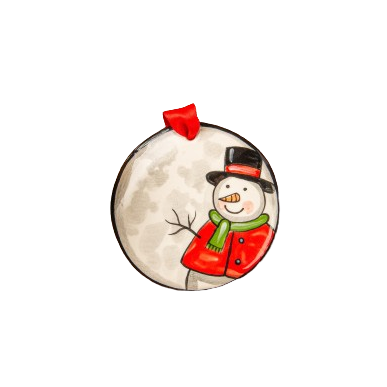 Hand-painted ceramic snowman ornament with black top hat and red coat, Christmas decoration under $50 from Nola Watkins Collection