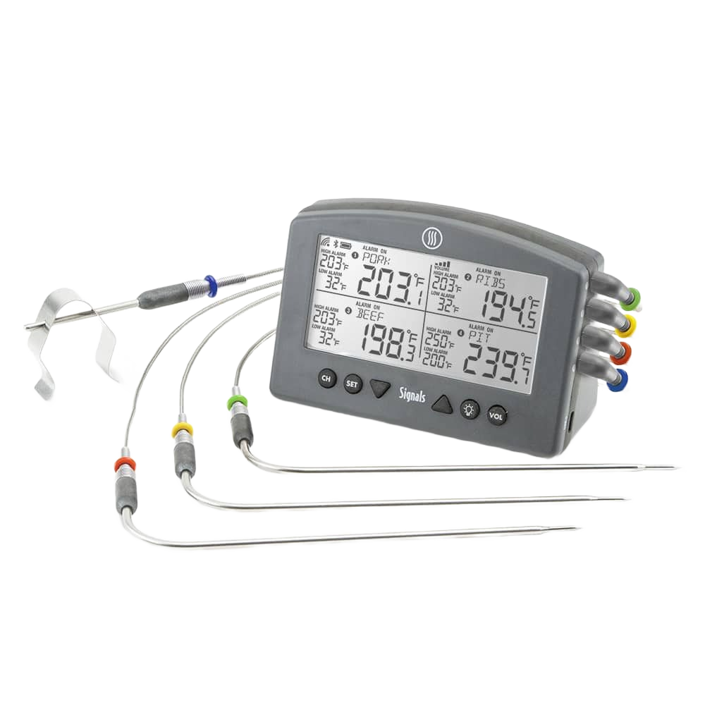 Grey 4-channel alarm thermometer with multiple probes and wireless connectivity for grilling and outdoor cooking tools