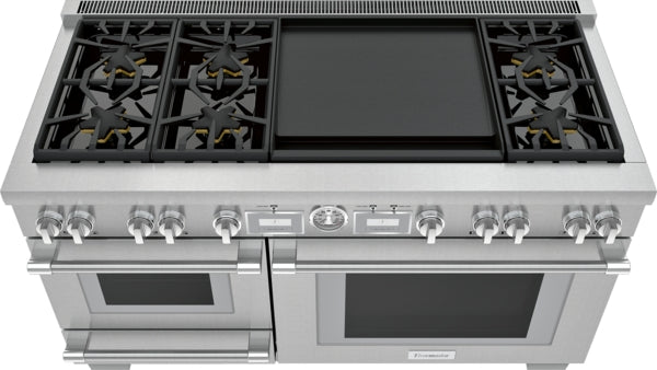 Stainless steel dual fuel range with six burners, double convection oven, and large double griddle from Thermador collection