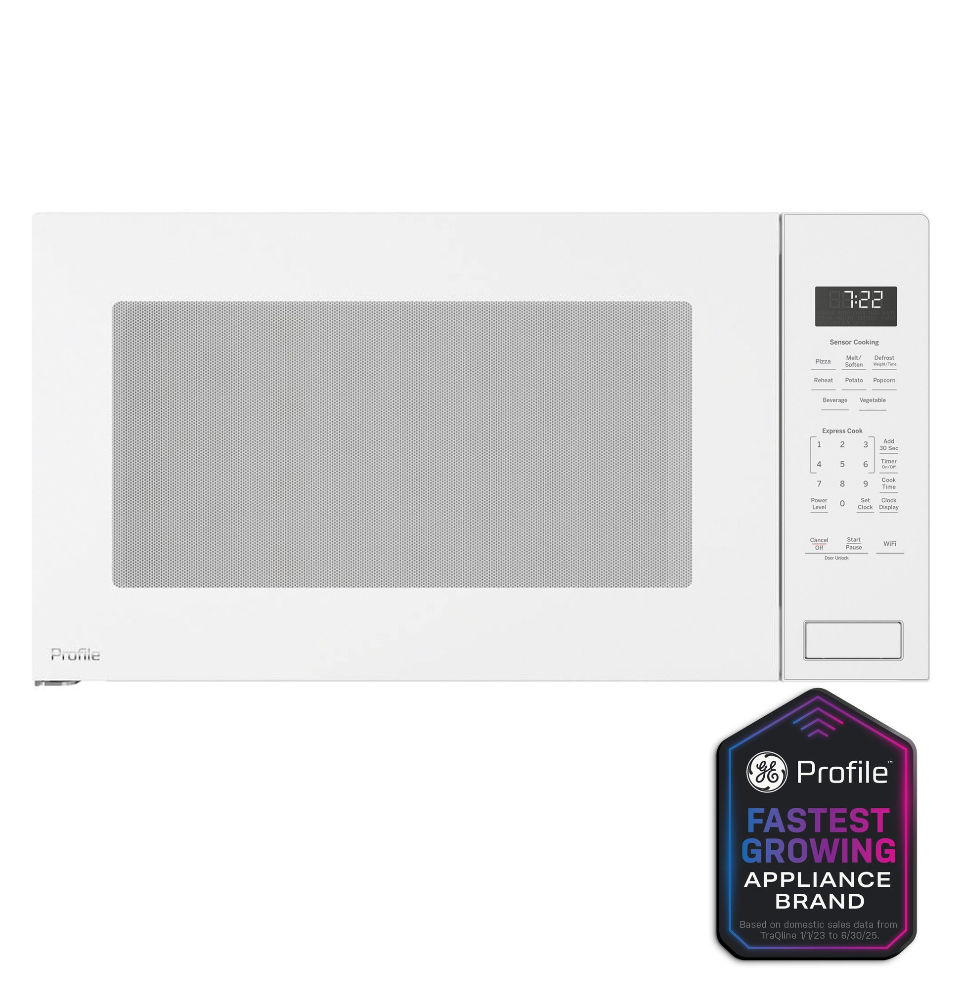 White built-in sensor microwave oven with digital control panel and timer in kitchen appliances collection