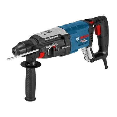 Blue and black rotary hammer drill with ergonomic side handle for heavy-duty tools and home improvement projects