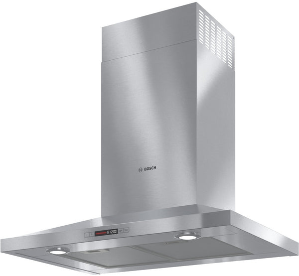 Stainless steel wall-mounted range hood with LED lights and digital display in kitchen appliances and home improvement category