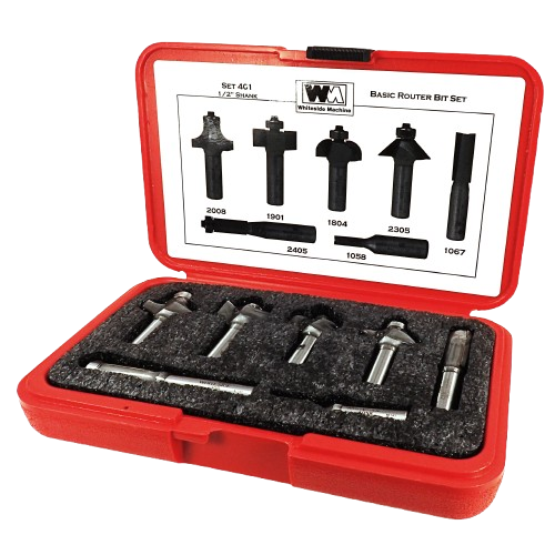 Red storage case containing seven professional shank router bits for woodworking in tool accessories and power tool collections