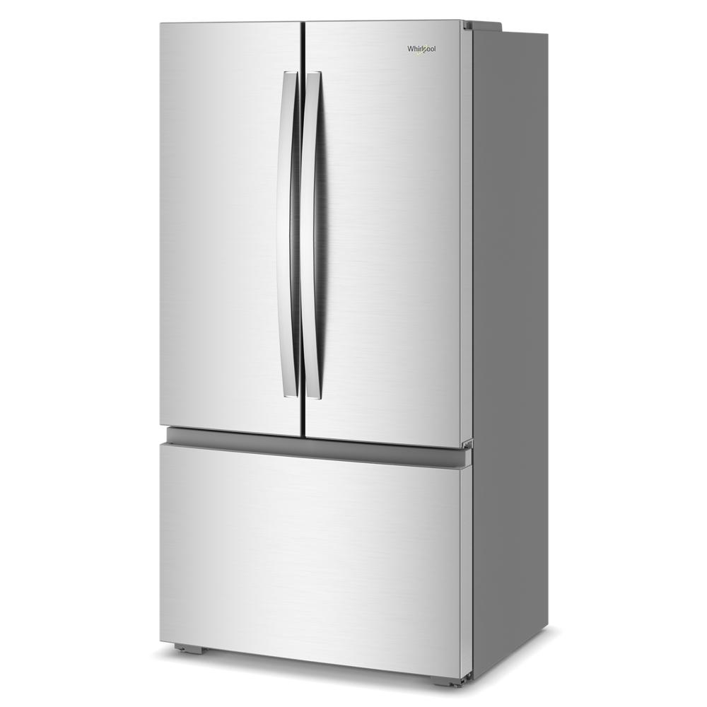 Brushed stainless steel 36-inch wide 3-door French door refrigerator in modern kitchen appliance collection