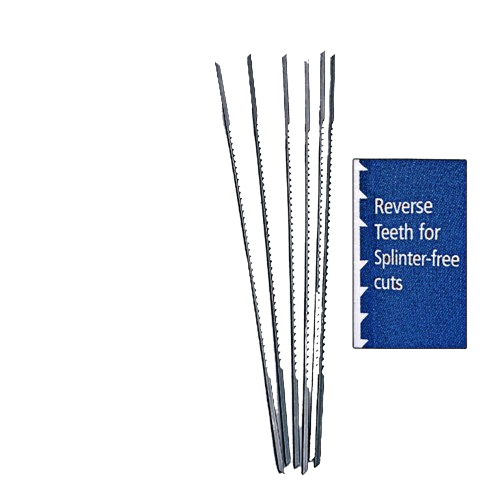 Set of thin scroll saw blades with reverse teeth designed for smooth, splinter-free cutting in detailed woodworking projects