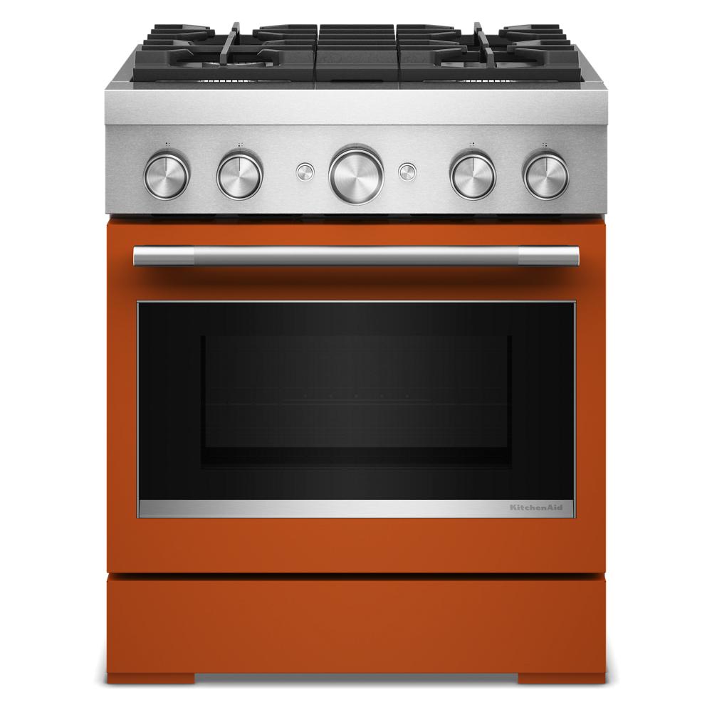 30-inch KitchenAid dual fuel range with four burners and orange commercial-style finish from Hartville Hardware