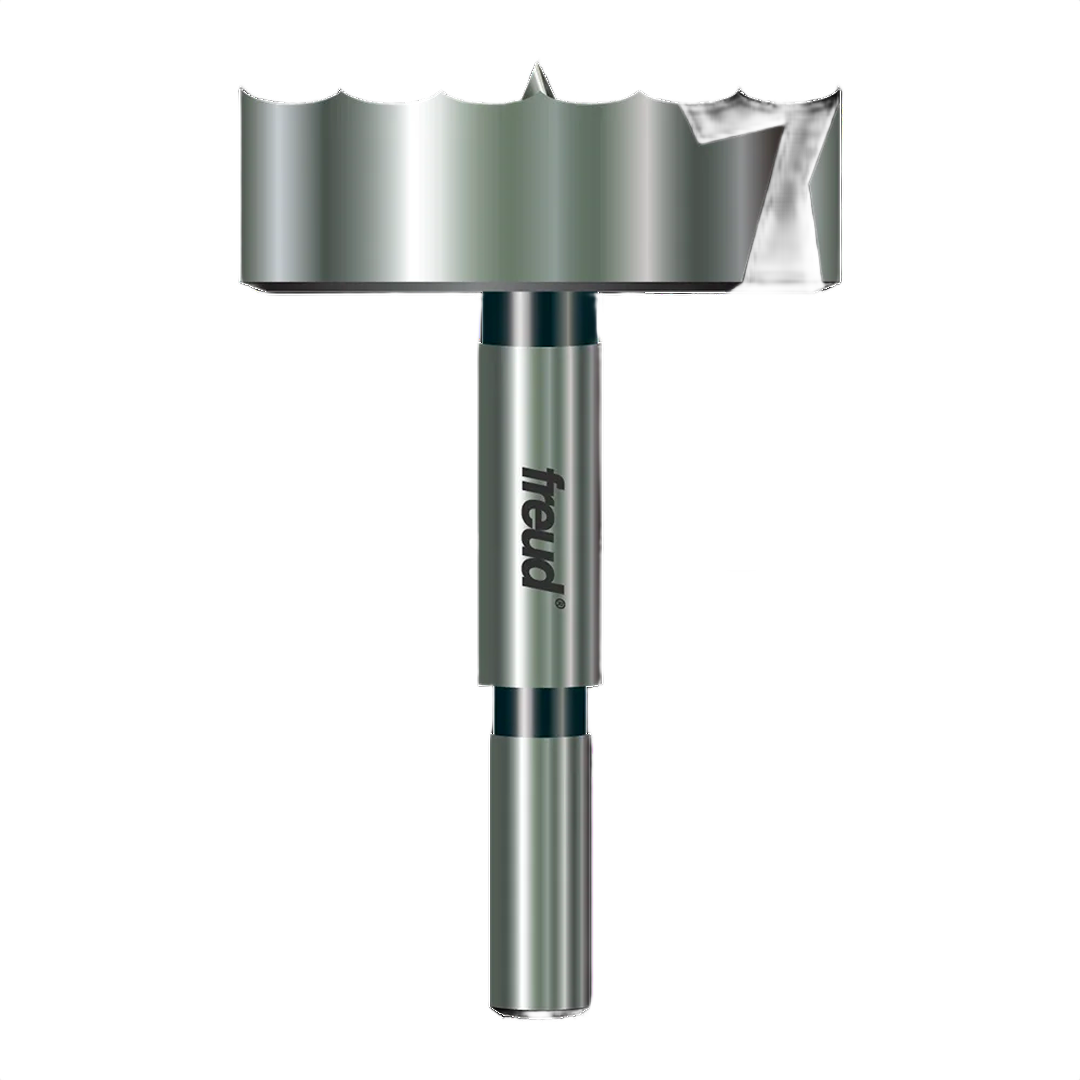Steel Forstner drill bit with sharp cutting edges and smooth shank for precise woodworking tool use