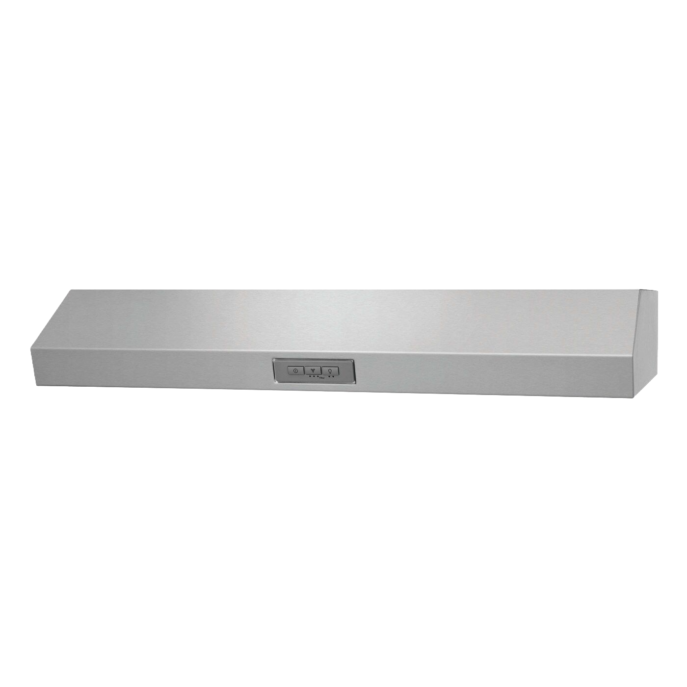 Sleek stainless steel undercabinet ventilation hood with control panel and LED lighting in kitchen appliance collection