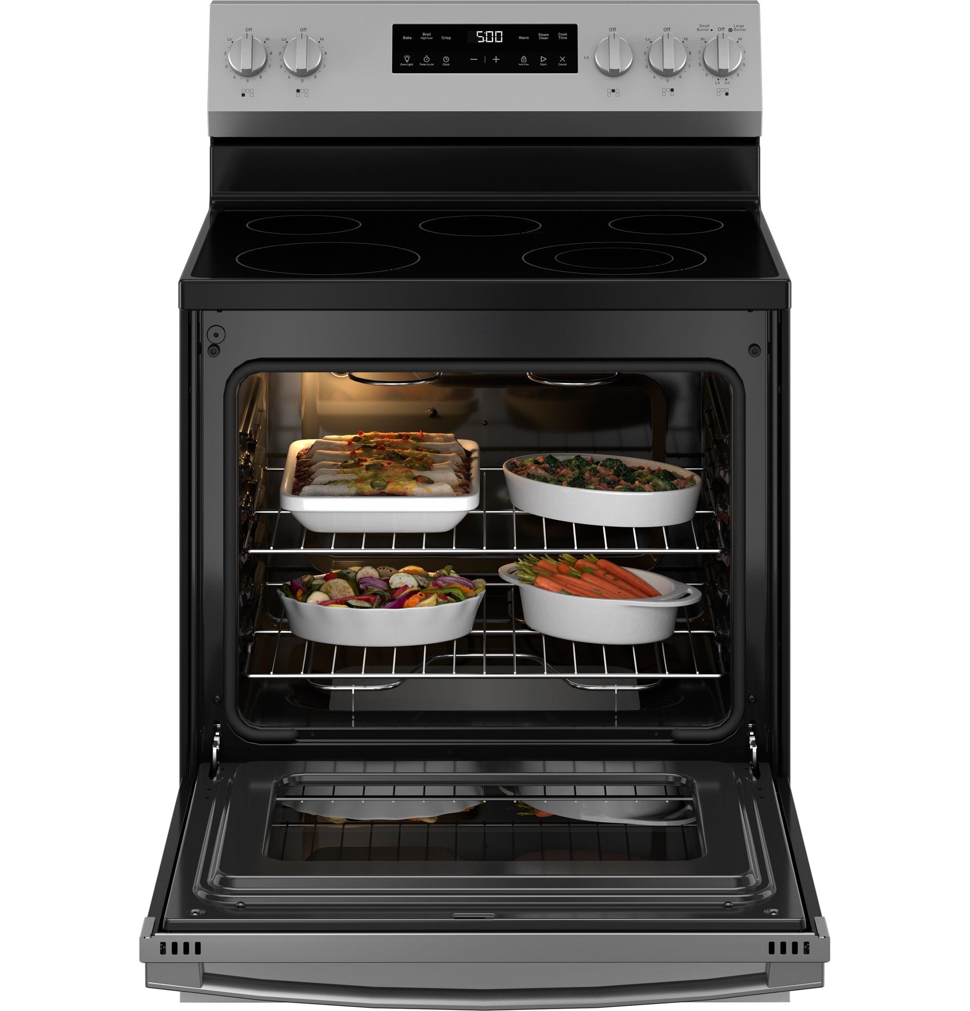 Stainless steel electric range with open oven showing dishes baking on two racks in kitchen appliances collection
