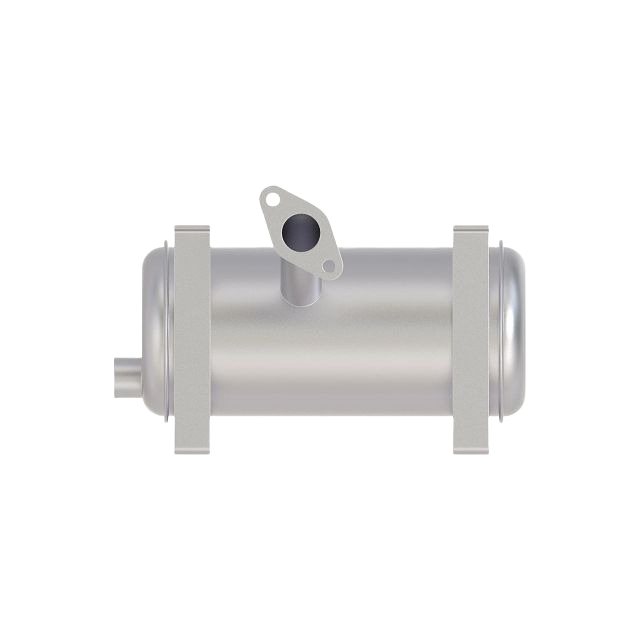Gray metal engine muffler with mounting brackets for John Deere equipment in automotive and mechanic tools collections