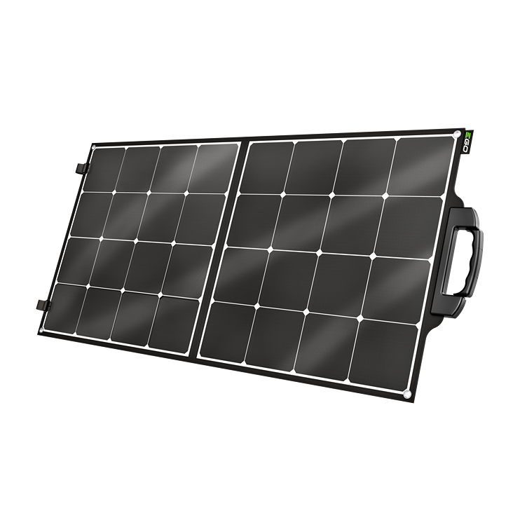Foldable black solar panel with handle for portable power and tool accessories in home improvement collection