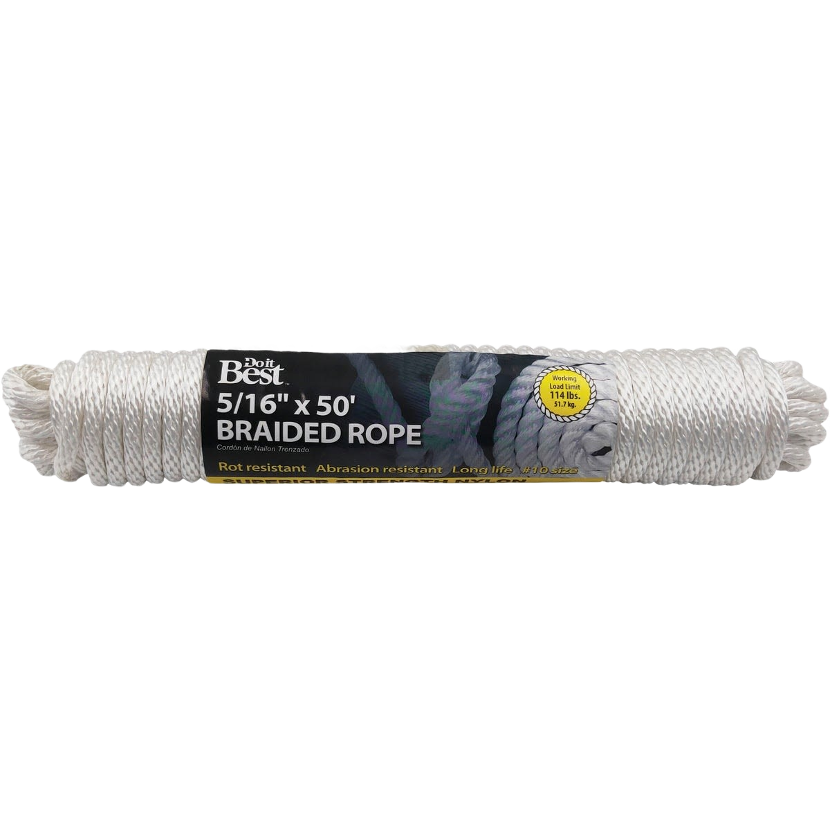 White braided nylon rope packaged for tools and home improvement projects, 5/16 inch thickness and 50 feet length