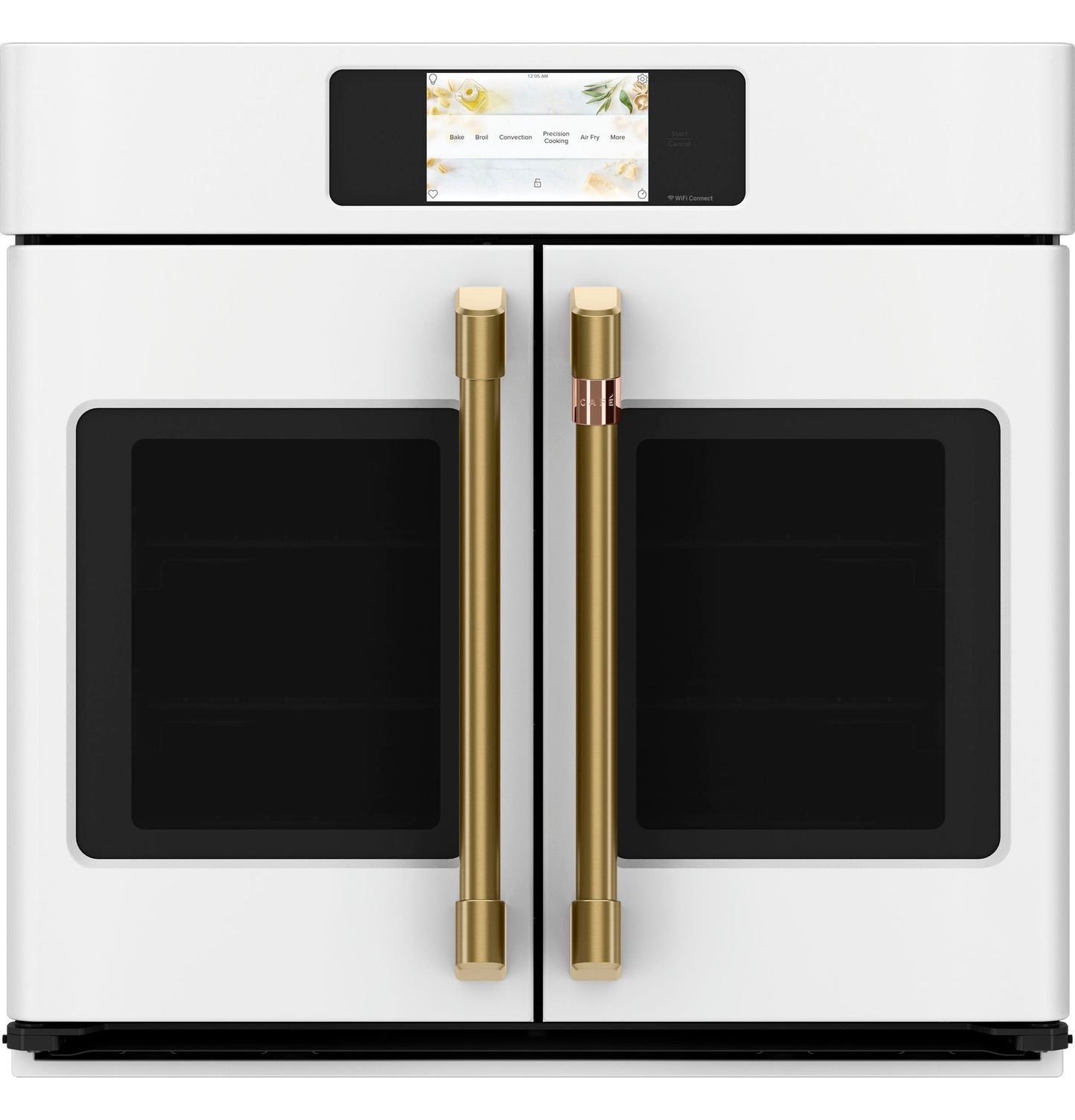 White built-in smart convection wall oven with dual French doors, gold handles, and touchscreen control panel in kitchen setting