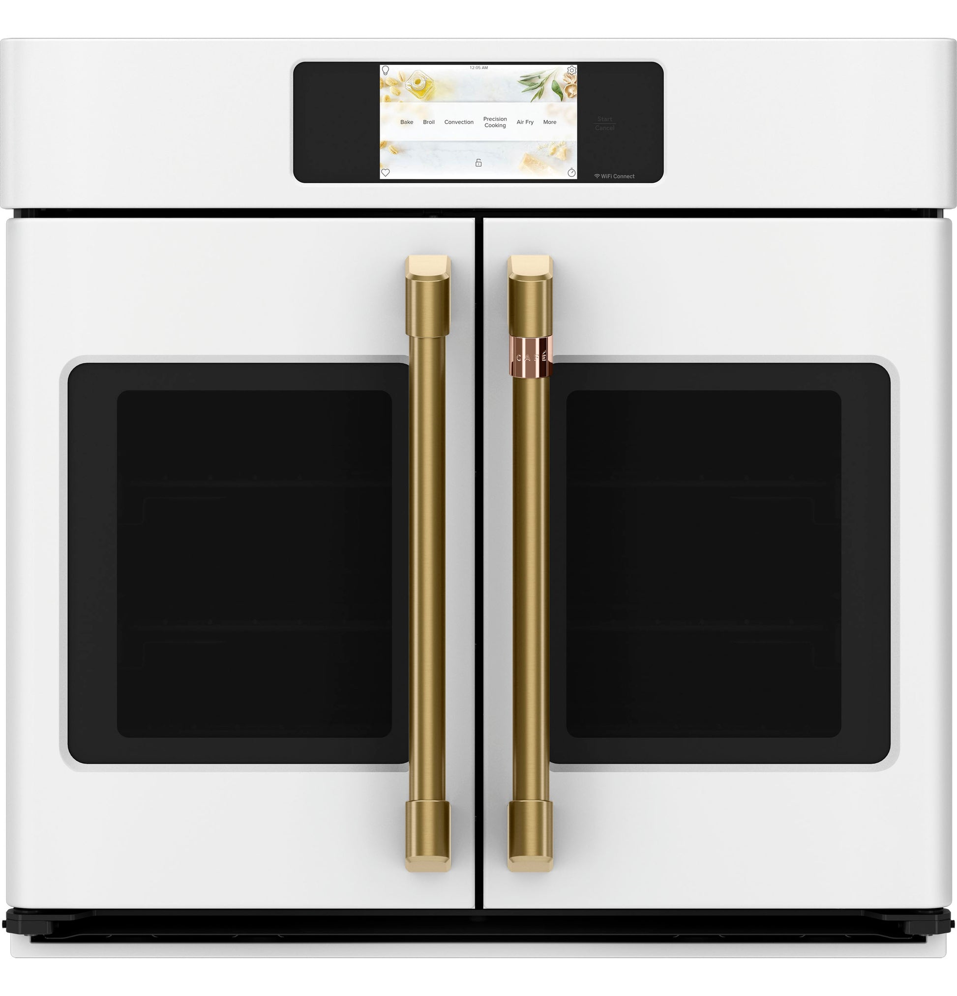 White built-in smart convection wall oven with dual French doors, gold handles, and touchscreen control panel in kitchen setting
