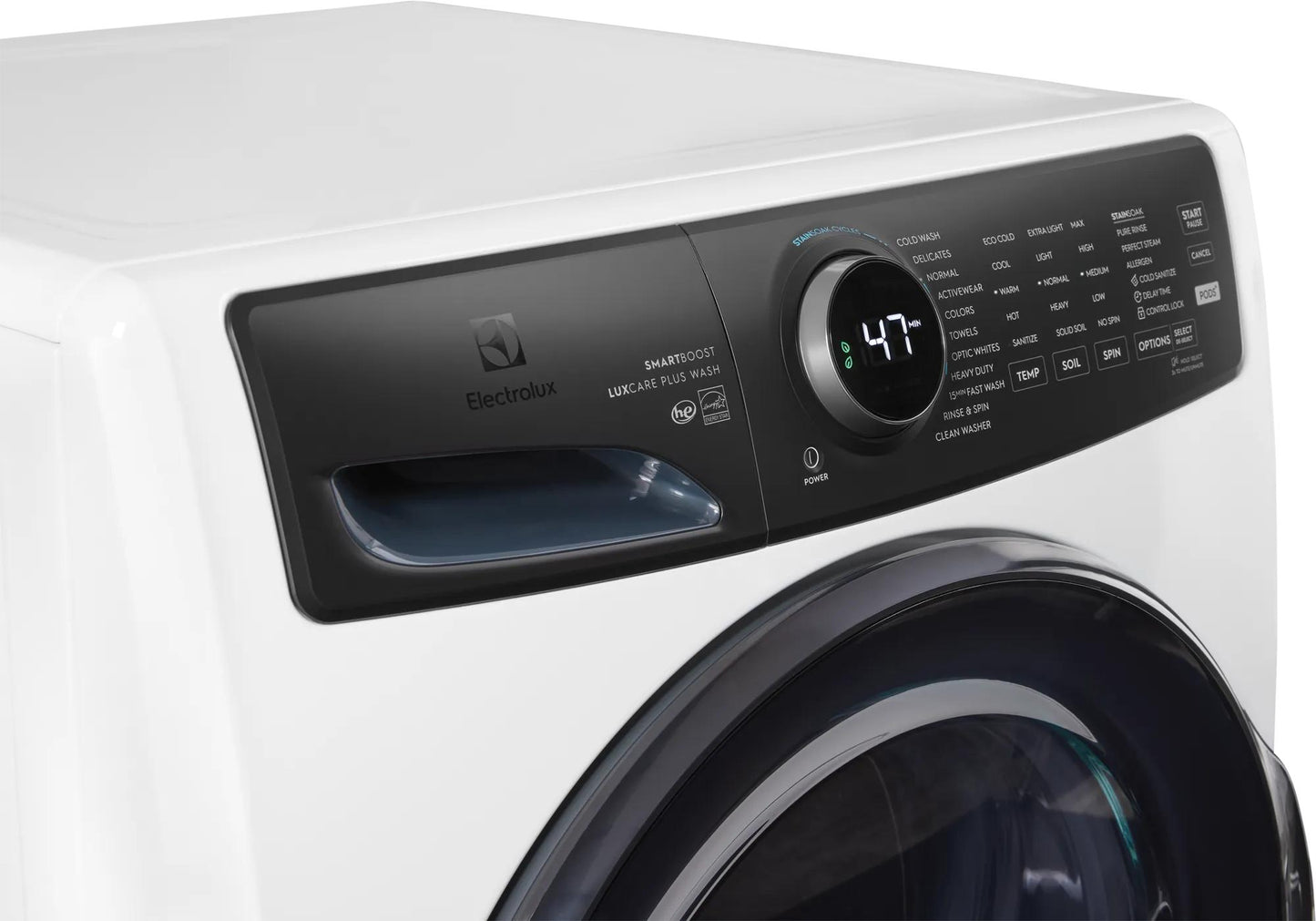 White front load washer featuring digital control knob and LED display for wash settings in appliances collection