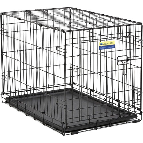 Black metal wire dog crate with single door and removable plastic tray for pet containment and home use