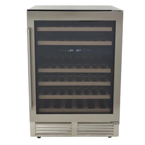 Stainless steel dual-zone wine cooler with glass door, digital display, and wooden shelves from kitchen appliances collection