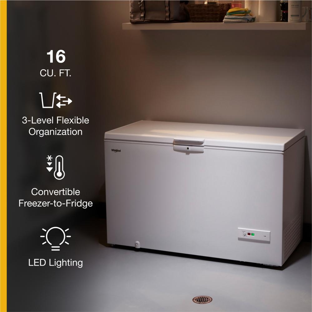 White chest freezer with three storage levels, convertible to fridge, and LED light in a kitchen setting from Freezers collection