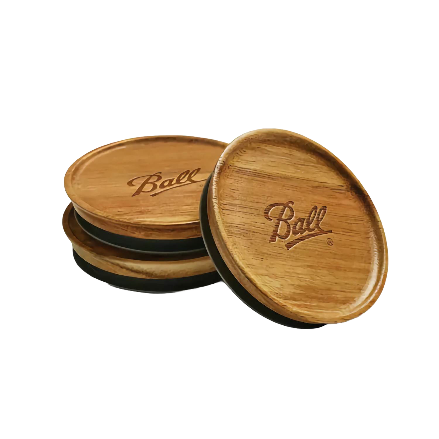 Set of three round wooden lids with Ball logo and silicone seals for kitchenware and kitchen gadget collections