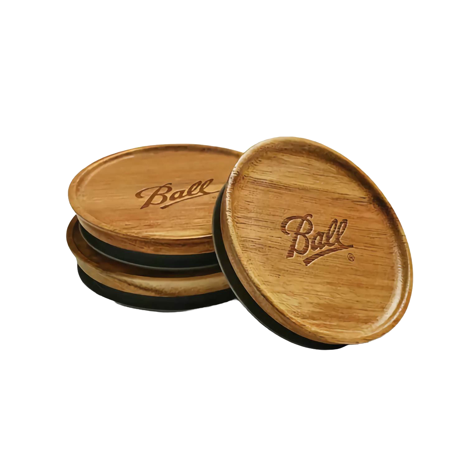 Set of three round wooden lids with Ball logo and silicone seals for kitchenware and kitchen gadget collections