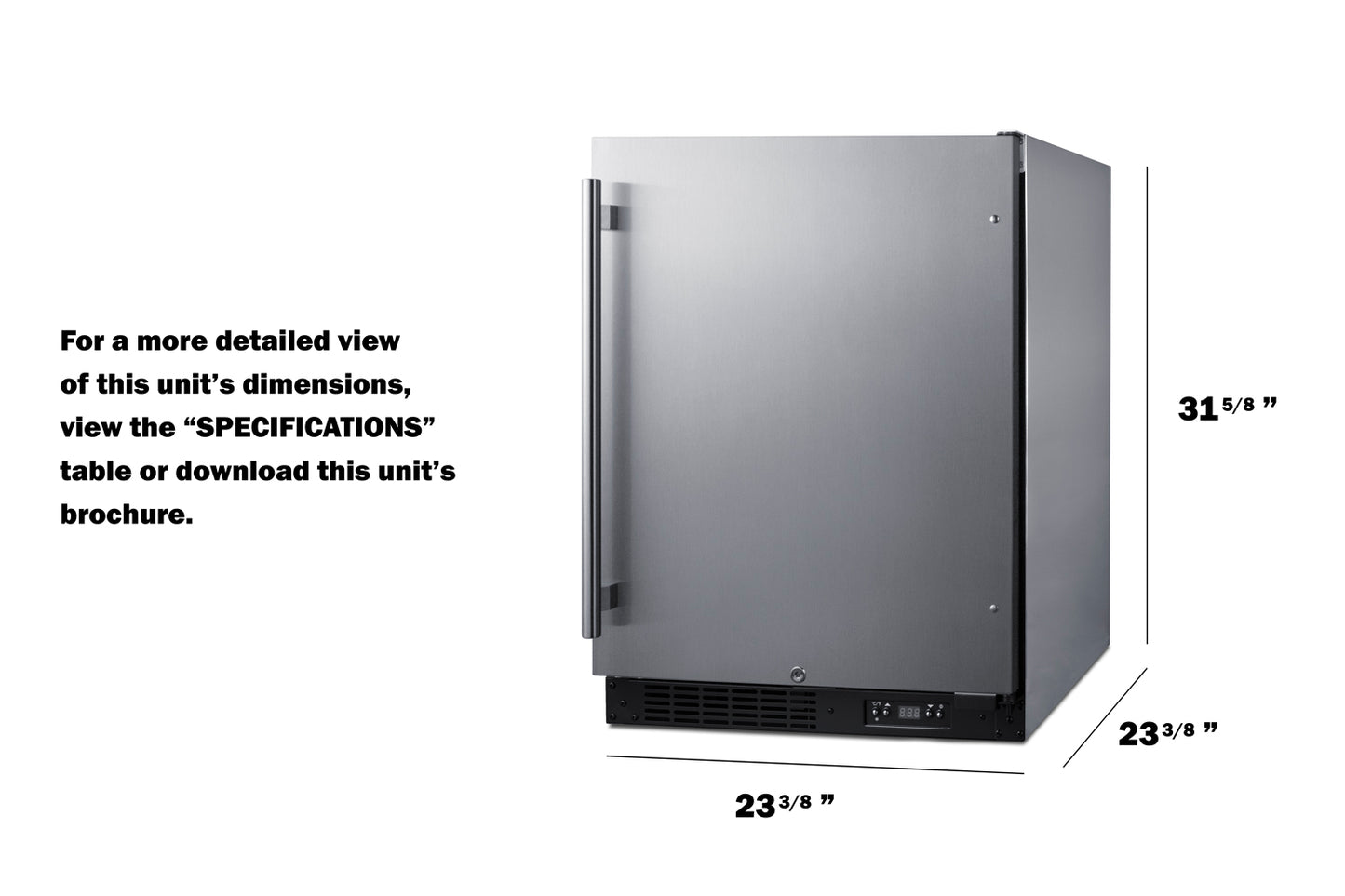 Built-in all-freezer with stainless steel door, vertical handle, and digital control panel in kitchen setting
