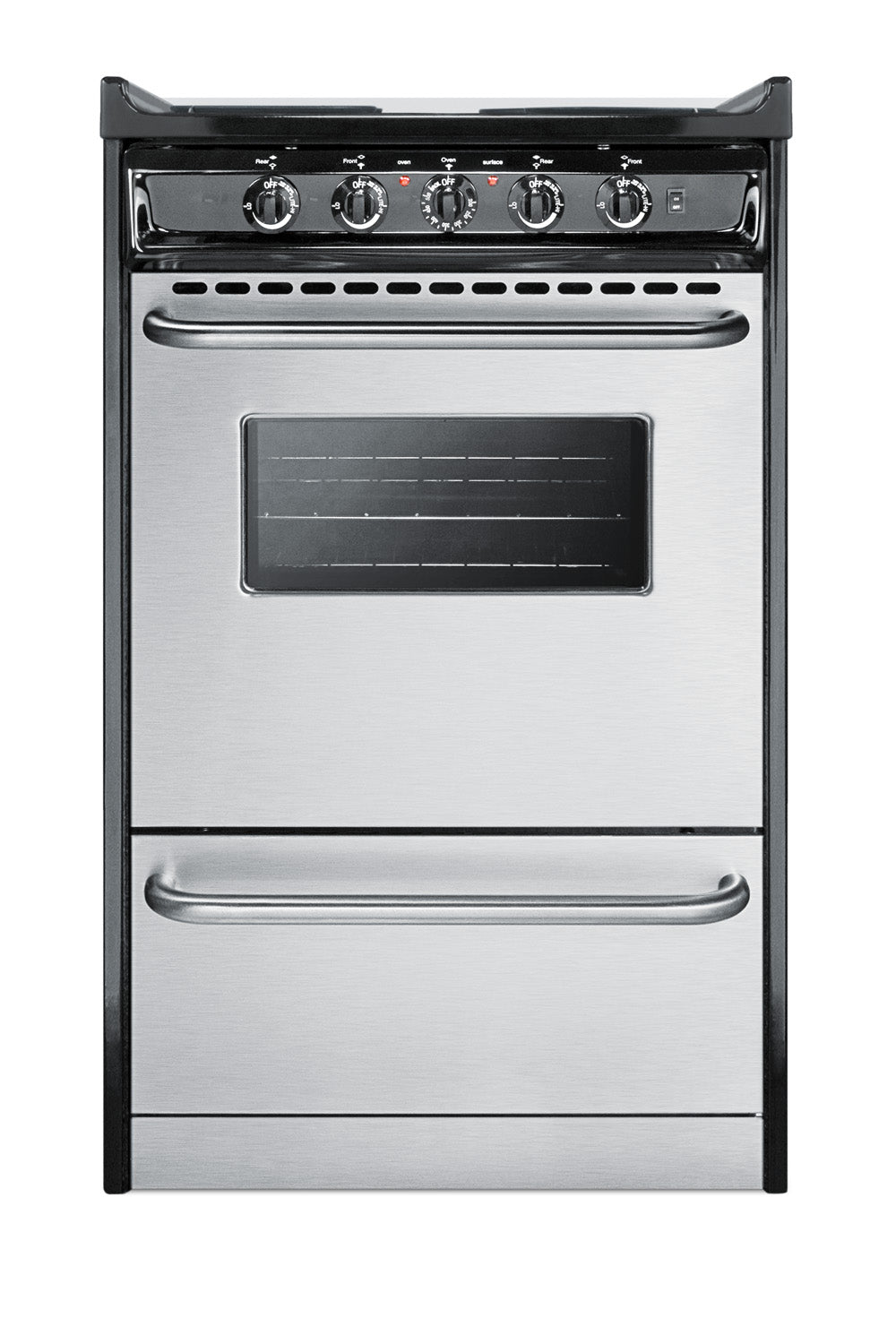 Compact stainless steel electric coil range with front control knobs and oven window from Ranges collection