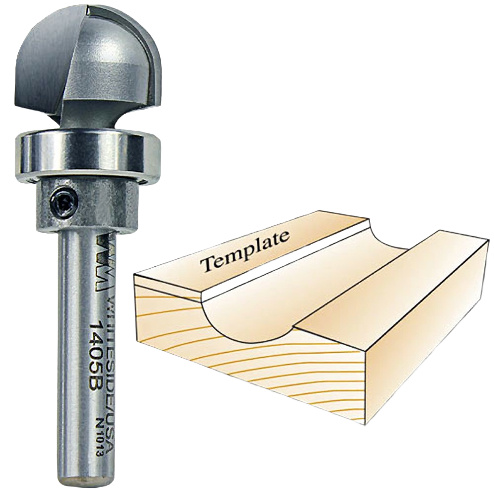 Steel core box router bit with bearing for woodworking, showing profile with wood template for home improvement use