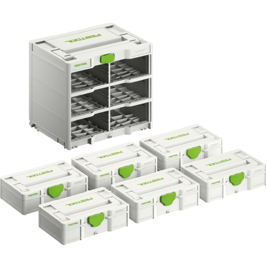 Compact white and green Festool SYS3-RACK set with interlocking tool storage boxes for organized workshop and jobsite use