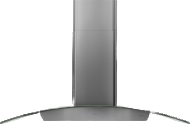 Contemporary smoke-gray glass and black stainless steel island range hood with sleek curved canopy from kitchen appliances collection
