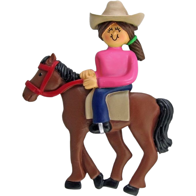 Handcrafted ornament of brunette female horseback rider in pink top and cowboy hat for Christmas decorations under $50 collection