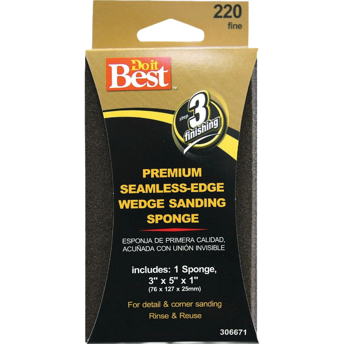 Premium seamless-edge wedge sanding sponge with fine 220-grit for detailed sanding and reusable use