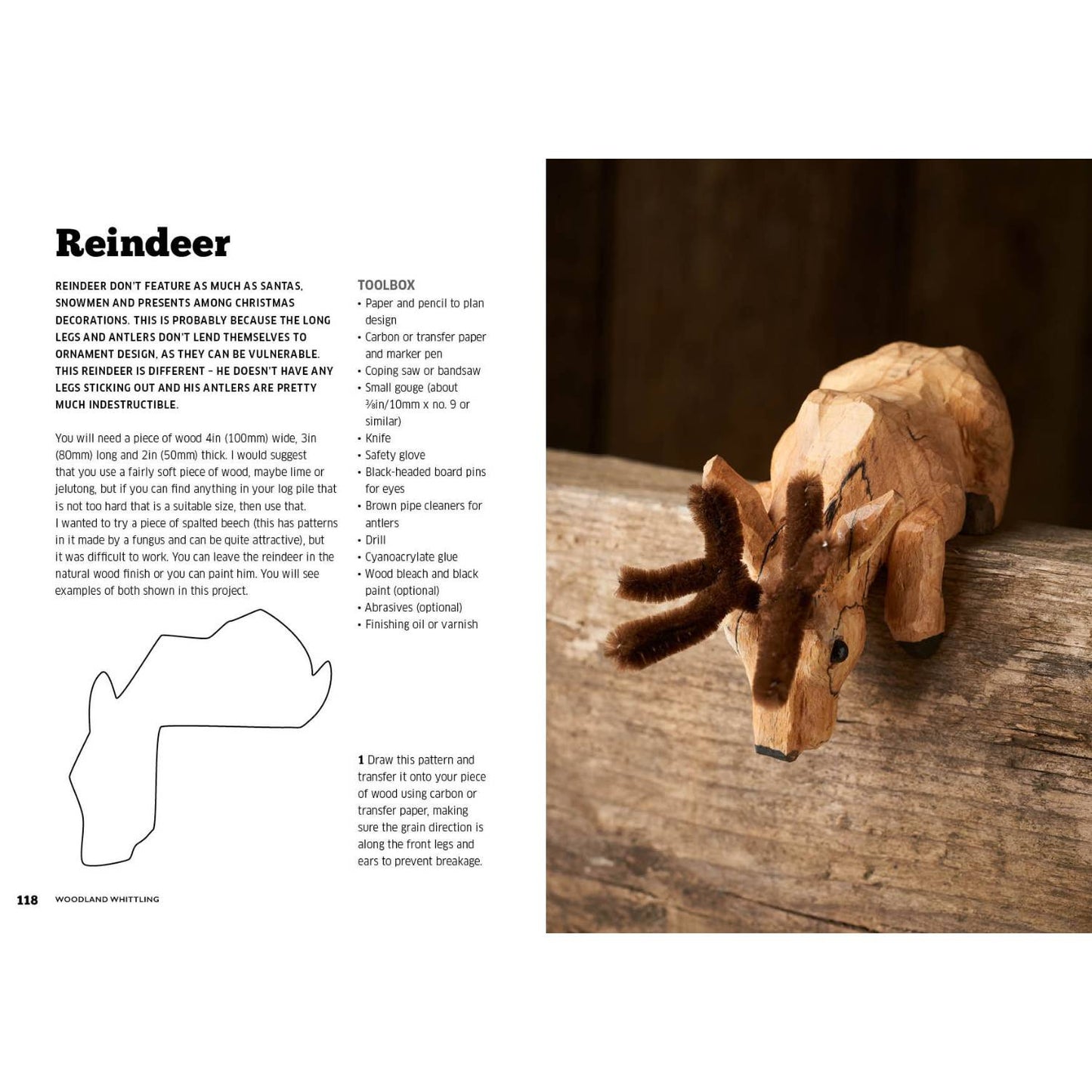 Open book showing a how-to whittling pattern and instructions for carving a detailed reindeer figure in Books and How-to collections