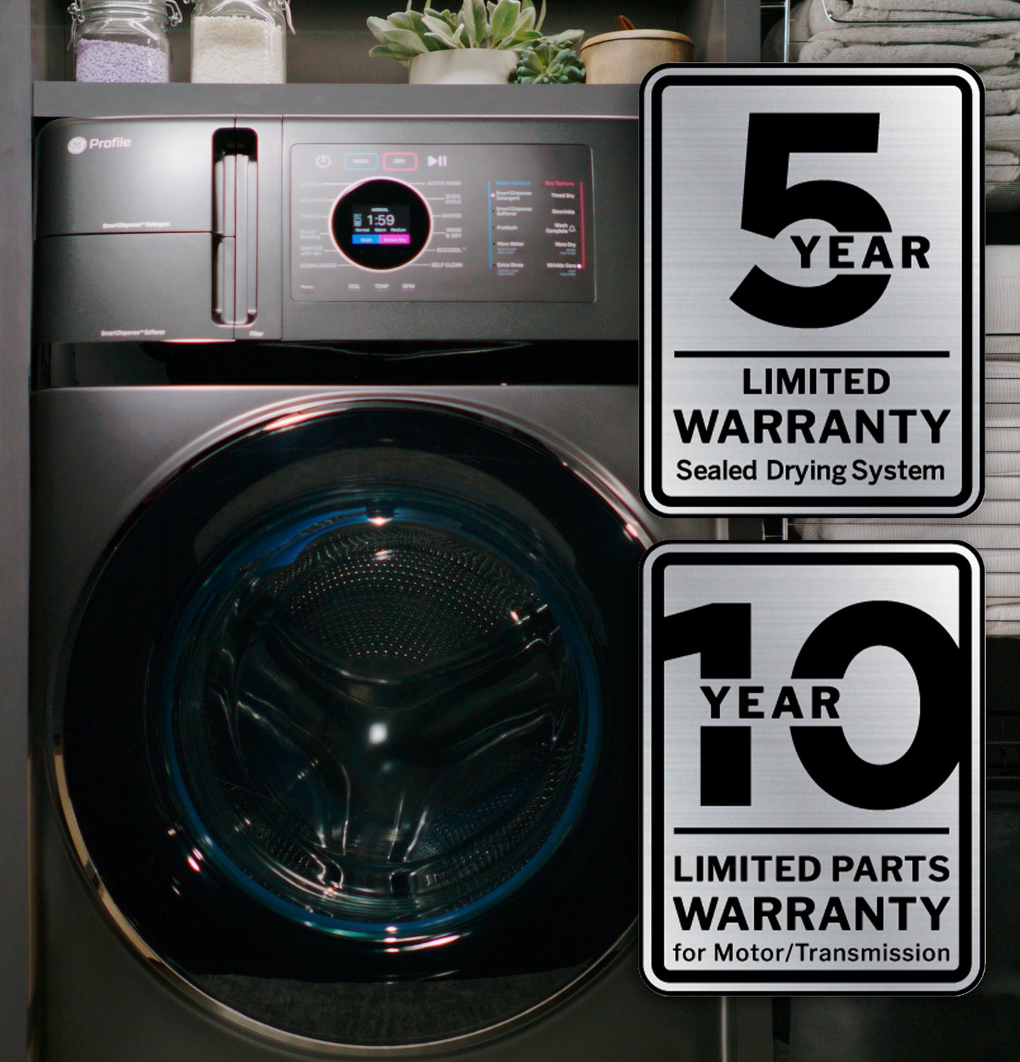 Black front load washer with digital display next to warranty icons for sealed drying system and motor parts coverage