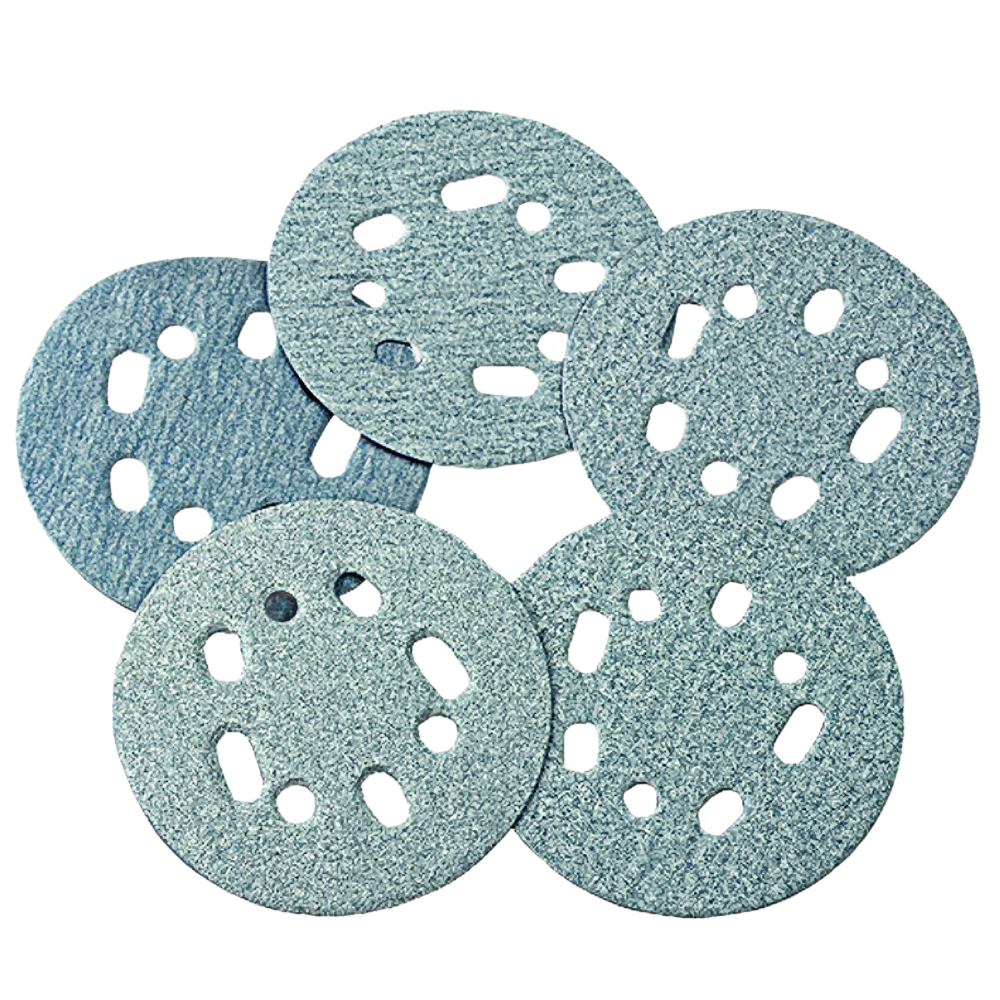 Set of abrasive sanding discs with multiple ventilation holes for use with power sanding tools in abrasives collection