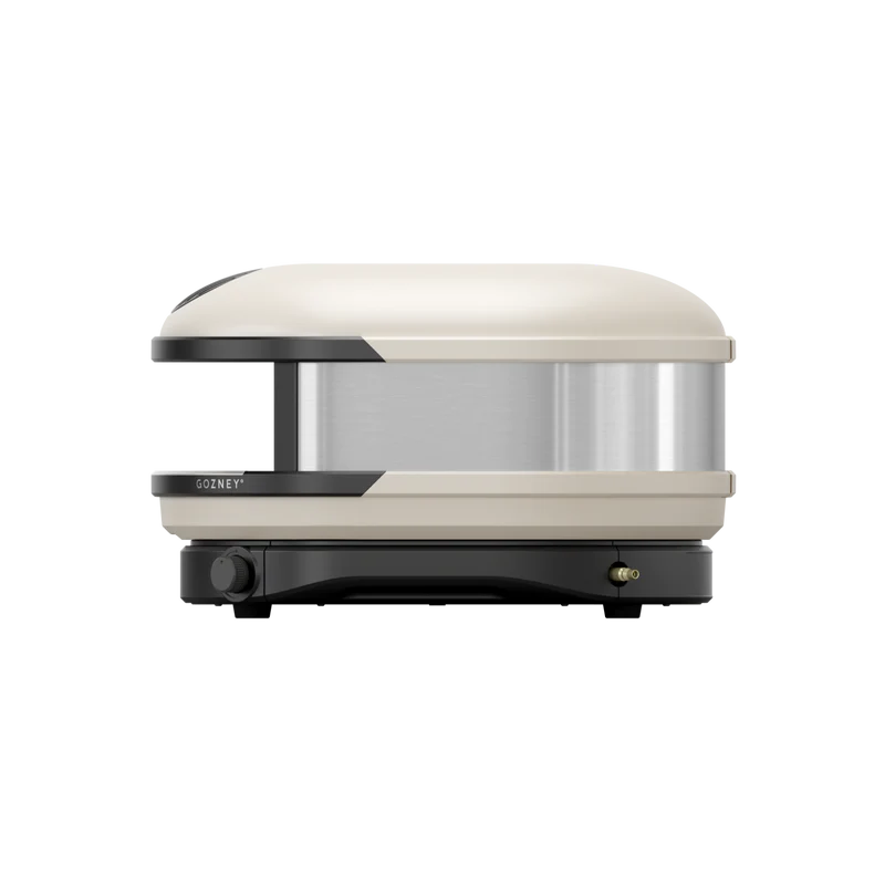 Compact beige and stainless steel outdoor pizza oven with modern design for grilling and lawn & garden use