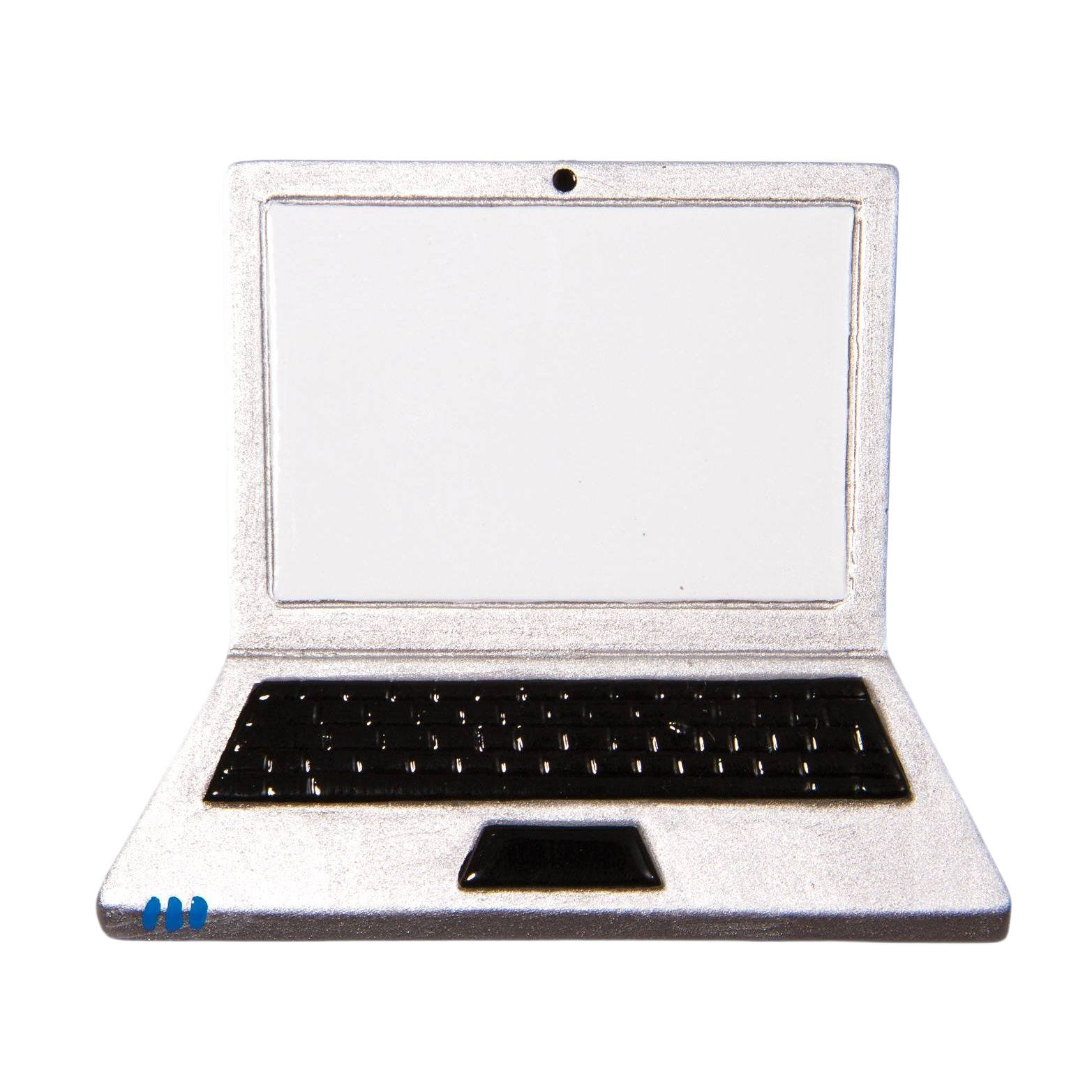 Silver laptop ornament with black keyboard and blank screen for personalized holiday tree décor under $50