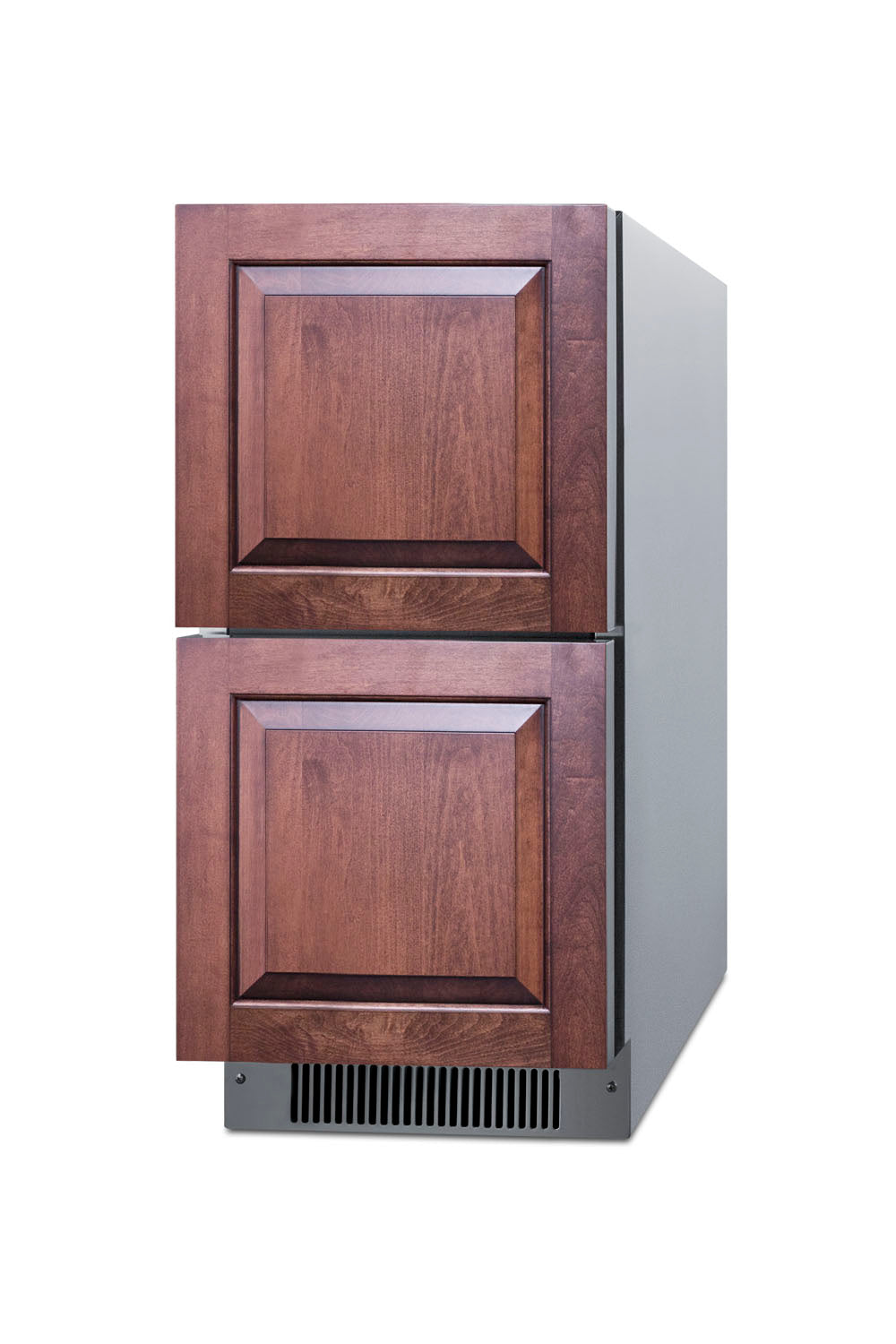 Compact two-drawer all-refrigerator with wood panel fronts and stainless steel sides for kitchen or home improvement projects