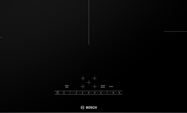 Black induction cooktop with five cooking zones, digital touch controls, and Bosch logo from induction cooktops collection