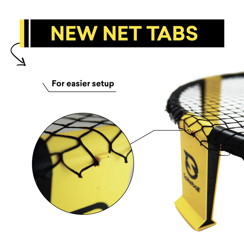 Close-up of yellow net tab on black Spikeball Weekender set frame highlighting easier setup for outdoor games under $100 collections