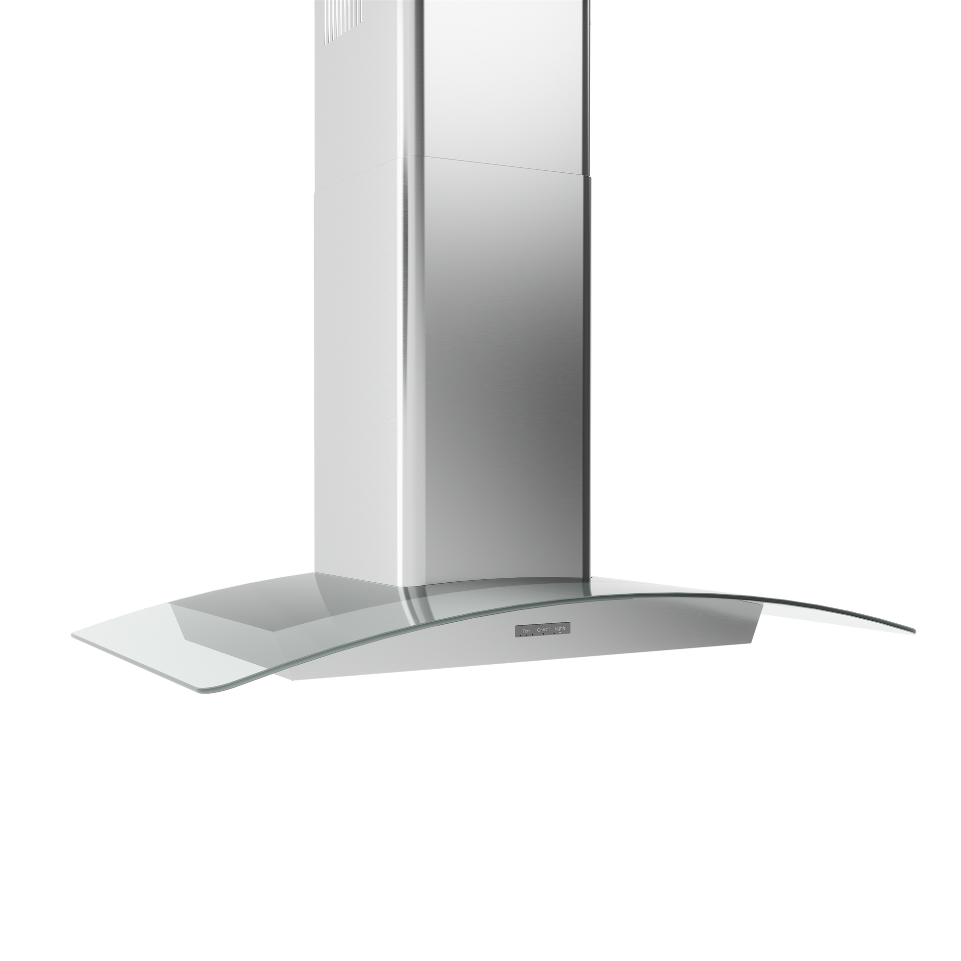 curved glass wall-mounted range hood with stainless steel chimney and LED controls for kitchen installation