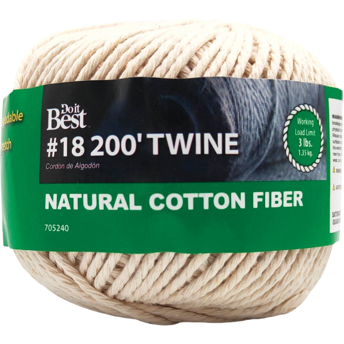 Ball of natural cotton fiber twine with green and black label showing 200-foot length and 3-pound load limit for home use