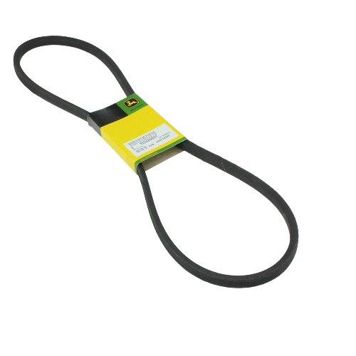 Black rubber drive belt with yellow and green label, ideal for automotive and John Deere parts and accessories.