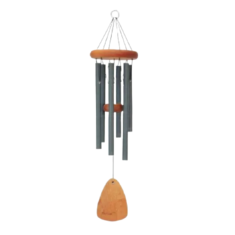 Bronze metal wind chime with wooden top and clapper, featuring six tubular chimes and 18-inch length