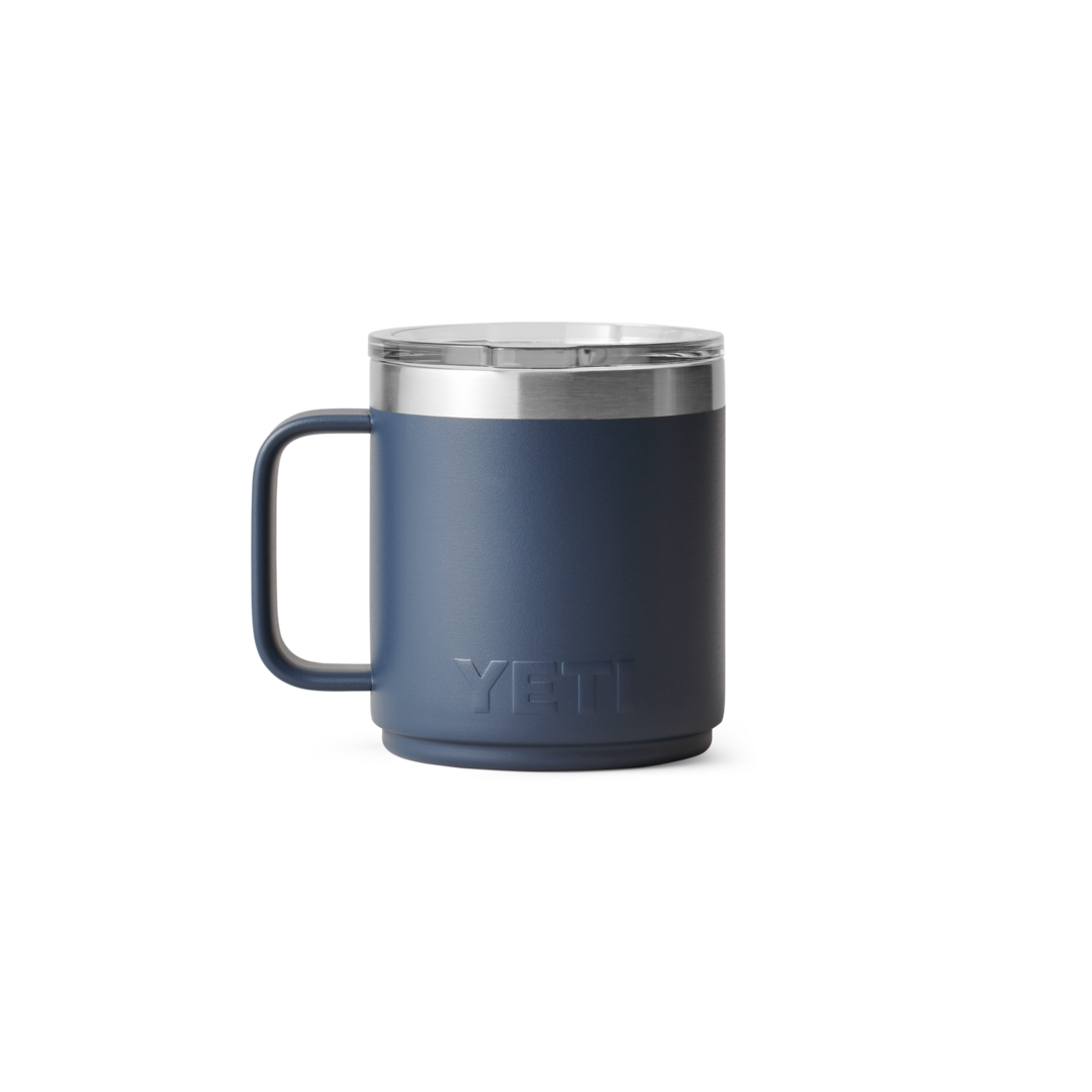 Blue stackable insulated mug with ceramic lining and clear lid for hot and cold beverages in drinkware collection