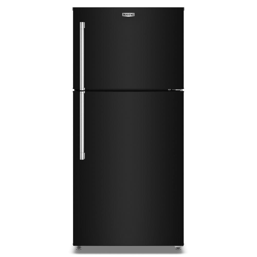 Matte black top-freezer refrigerator with vertical stainless steel handles for kitchen and appliance collections
